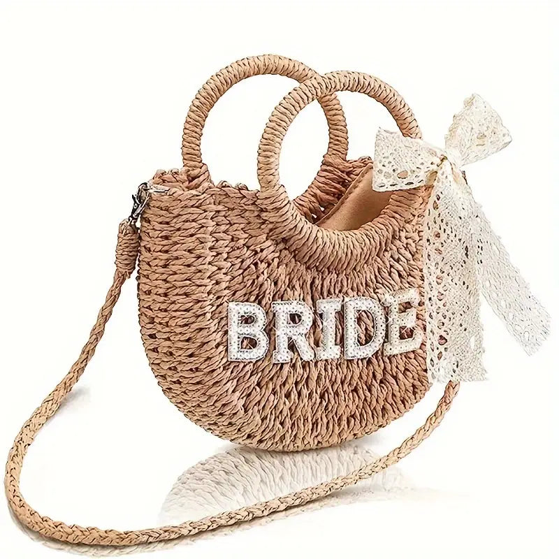 Woven "Bride" Tote Bag with Detachable Shoulder Strap