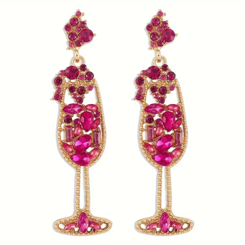 Champagne Glass Pearl Rhinestone Dangle Earrings in Pink