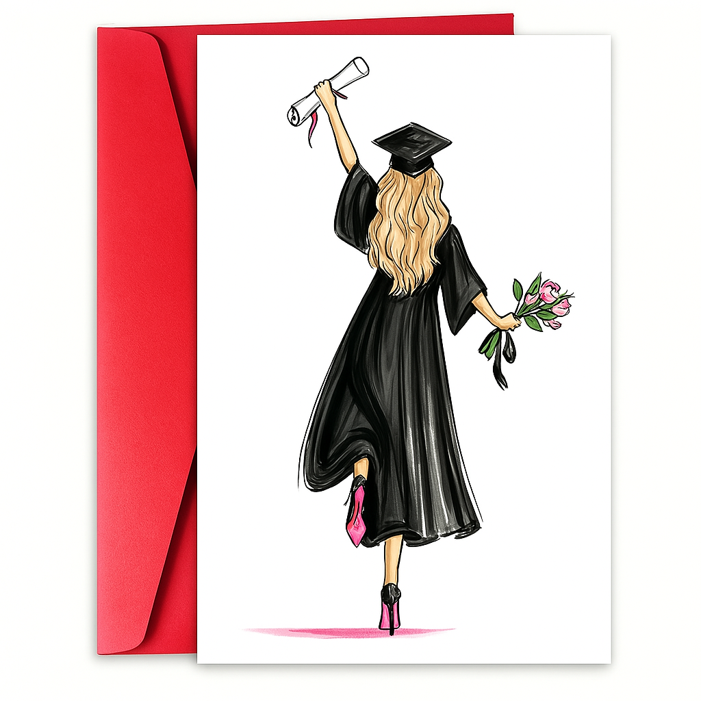 A graduation card featuring an illustration of a woman in a graduation cap and gown holding a diploma and a bouquet, with a red envelope.