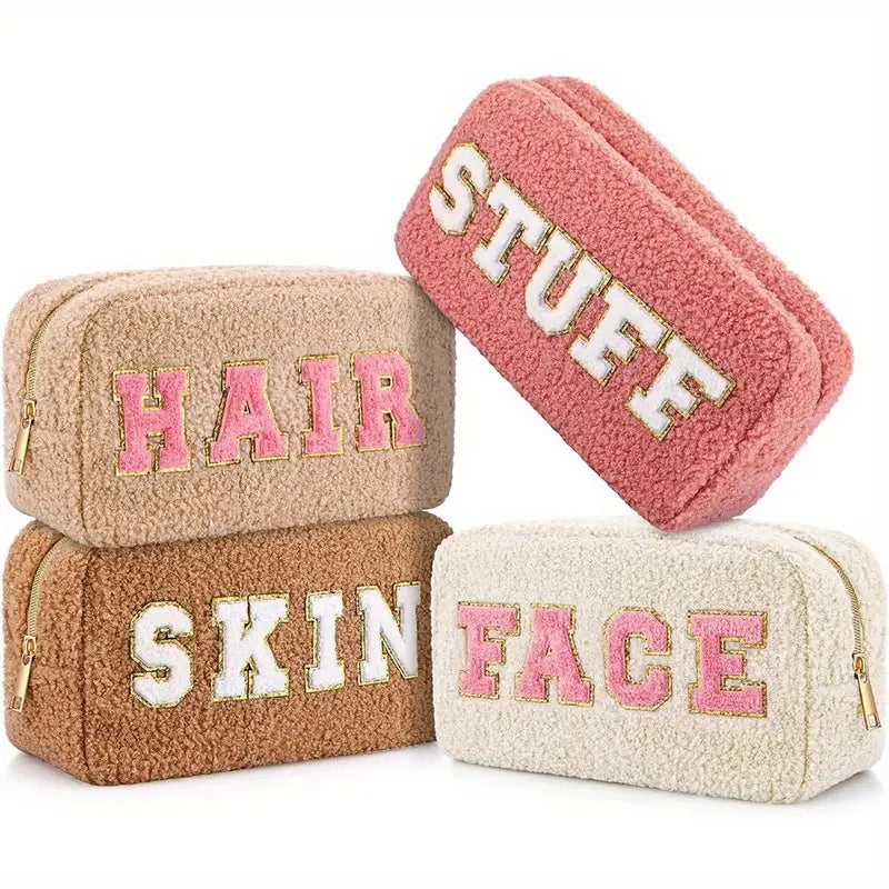 Chenille Letter Cosmetic Bags – Soft, Large Makeup Pouches with Zipper