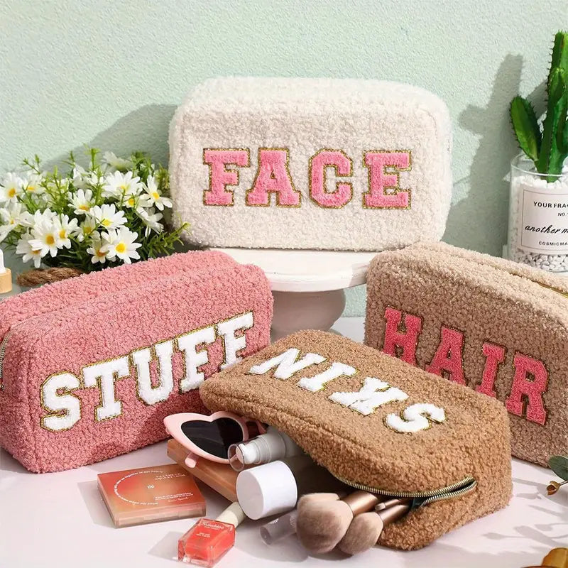 Chenille Letter Cosmetic Bags – Soft, Large Makeup Pouches with Zipper