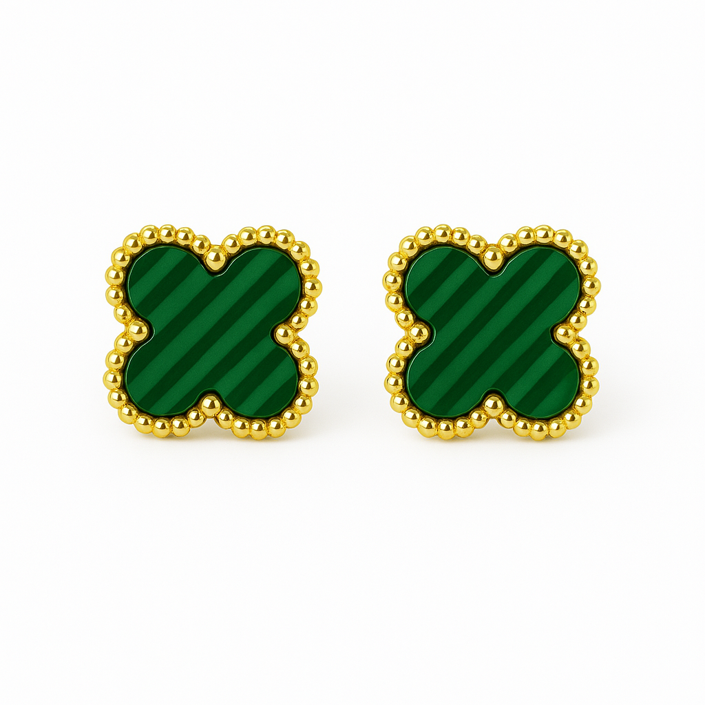 A pair of gold-framed stud earrings shaped like four-leaf clovers, featuring a deep green malachite inlay with subtle diagonal striping. The earrings are set against a plain white background.