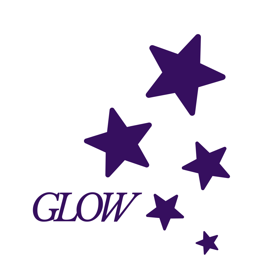 Purple stars with the word 'GLOW' on a white background