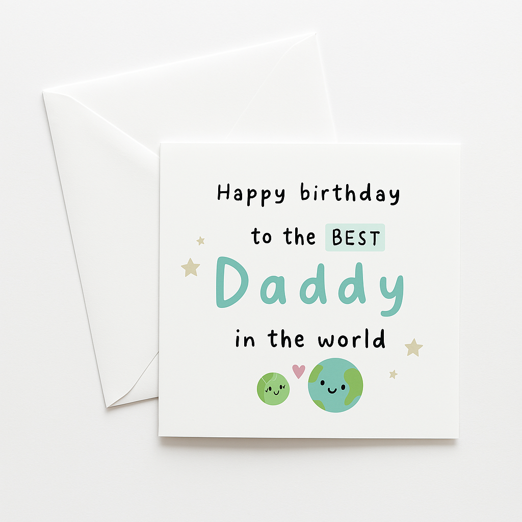 Square birthday card with the message 'Happy birthday to the BEST Daddy in the world' in playful black and blue-green fonts. The card features cartoon Earth characters with smiling faces, a small pink heart, and gold star illustrations. It is placed on top of a white envelope against a plain white background.