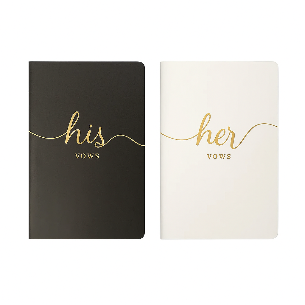 A product image of two vow booklets on a white background. The booklet on the left is black with the words "his vows" written in elegant gold foil script. The booklet on the right is white with "her vows" in the same gold script. Both have a minimalist, modern design with rounded corners.