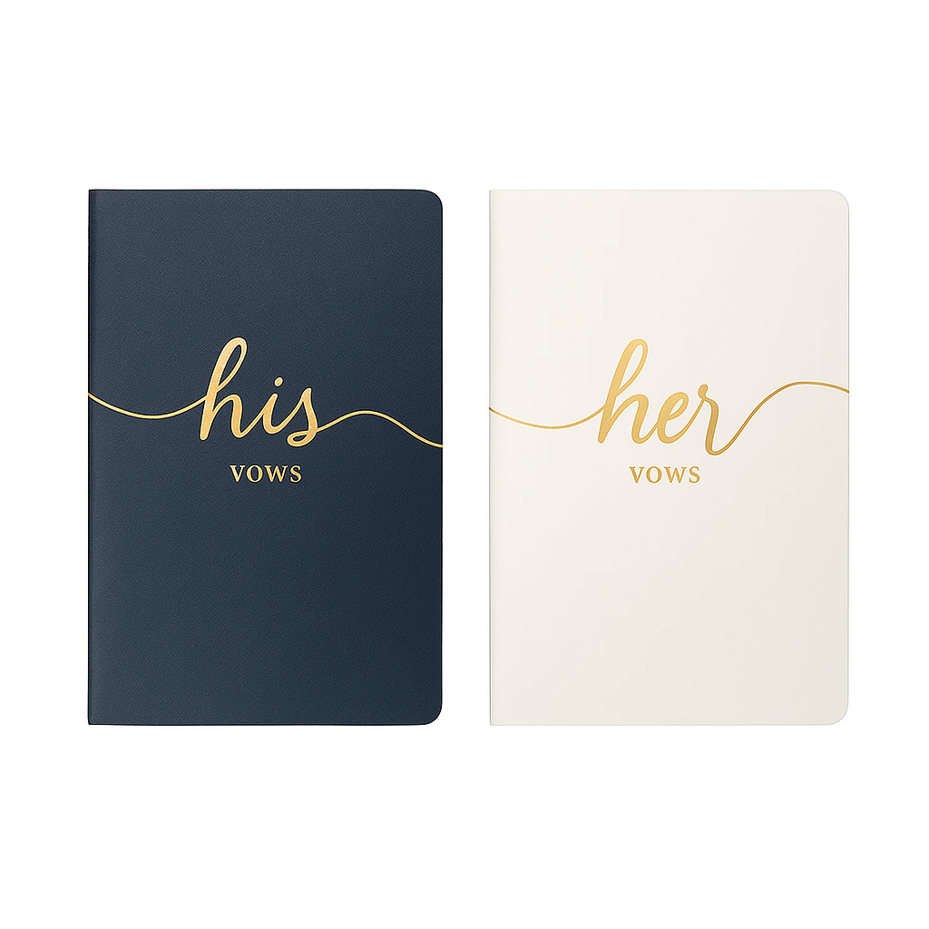 A product image showing two vow booklets side by side on a white background. The left booklet is navy blue with the words "his vows" written in elegant gold script. The right booklet is ivory with "her vows" in matching gold script. Both booklets have a minimalist, modern design with rounded corners.