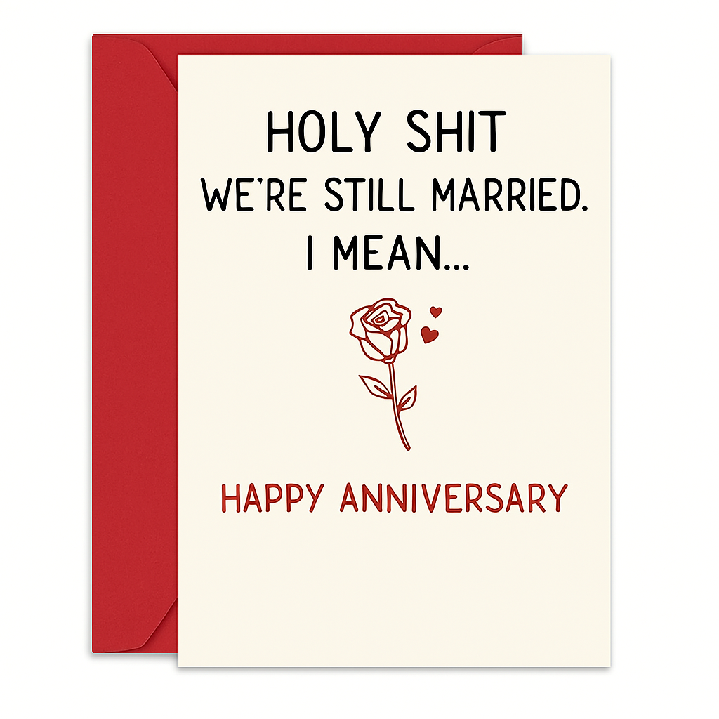 Anniversary greeting card with cream background and red envelope, set against a white backdrop. The card reads: 'HOLY SHIT WE'RE STILL MARRIED. I MEAN...' followed by a red rose illustration and two small red hearts. At the bottom, 'HAPPY ANNIVERSARY' is written in bold red letters.