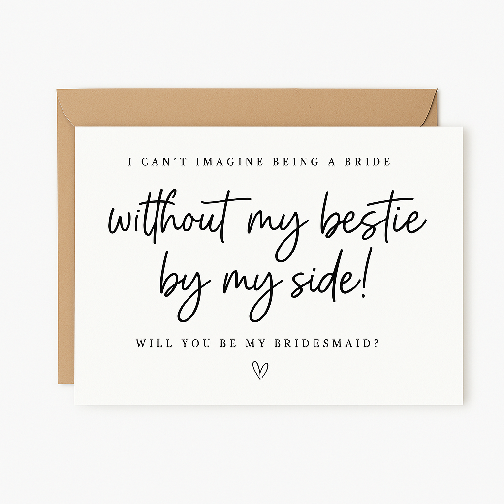 A white bridesmaid proposal card placed on top of a brown kraft envelope, displayed against a clean white background. The card features elegant black text that reads: "I CAN'T IMAGINE BEING A BRIDE without my bestie by my side! WILL YOU BE MY BRIDESMAID?" with a small heart icon at the bottom.