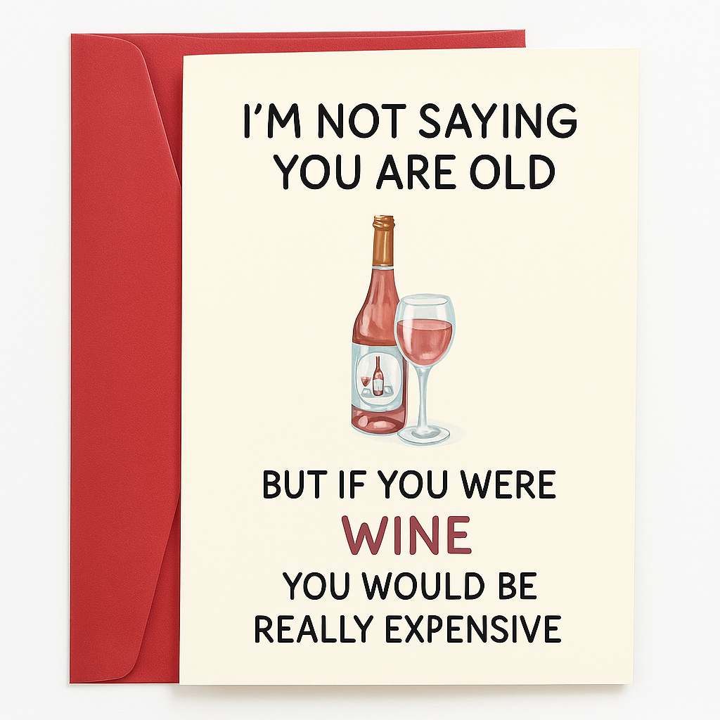 Greeting card with a red envelope on a white background. The card reads, 'I'M NOT SAYING YOU ARE OLD BUT IF YOU WERE WINE YOU WOULD BE REALLY EXPENSIVE' in black and dark red text. In the center, there is a watercolor-style illustration of a wine bottle and a glass filled with rosé wine.