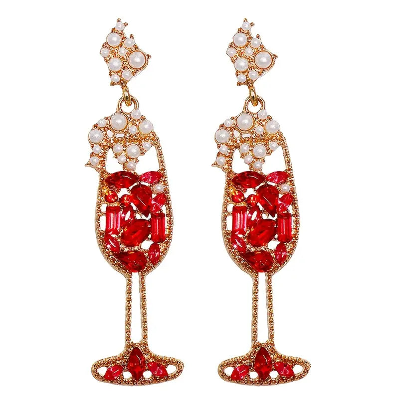 Champagne Glass Pearl Rhinestone Dangle Earrings in Red