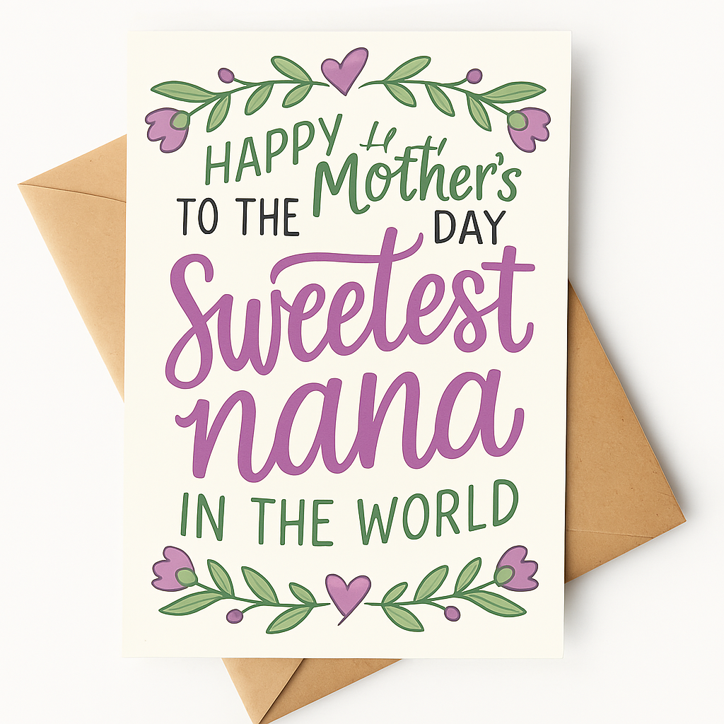 Mother's Day card with a kraft envelope, set against a white background. The card reads 'Happy Mother's Day to the Sweetest Nana in the World' in a mix of green and purple decorative fonts, with floral and heart illustrations surrounding the text.