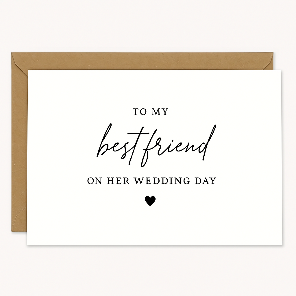 A wedding card placed on top of a brown kraft envelope. The card has a white background with elegant black text that reads, "TO MY best friend ON HER WEDDING DAY," with a small black heart centered below the text. The words “best friend” are in a cursive font, while the rest is in a clean serif typeface. The background is plain white.