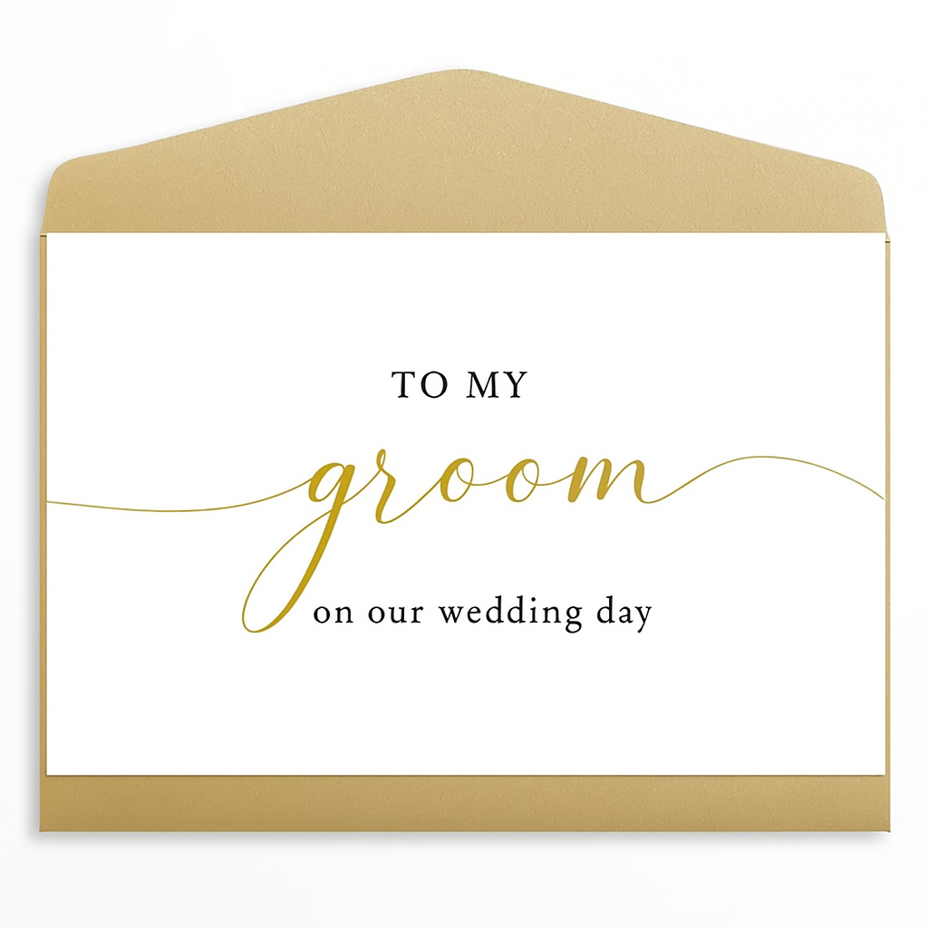 A white wedding day card placed inside a gold kraft envelope, displayed against a clean white background. The card features elegant text that reads: "TO MY groom on our wedding day," with "groom" in a flowing gold script and the rest in a classic black serif font.