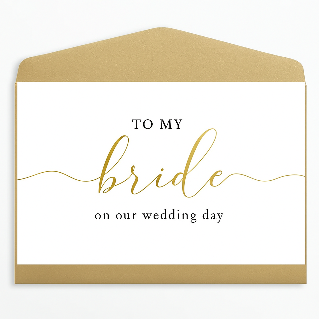 A white wedding day card placed inside a gold kraft envelope, displayed against a clean white background. The card features elegant text reading: "TO MY bride on our wedding day," with "bride" written in a flowing gold script and the rest in a classic black serif font.