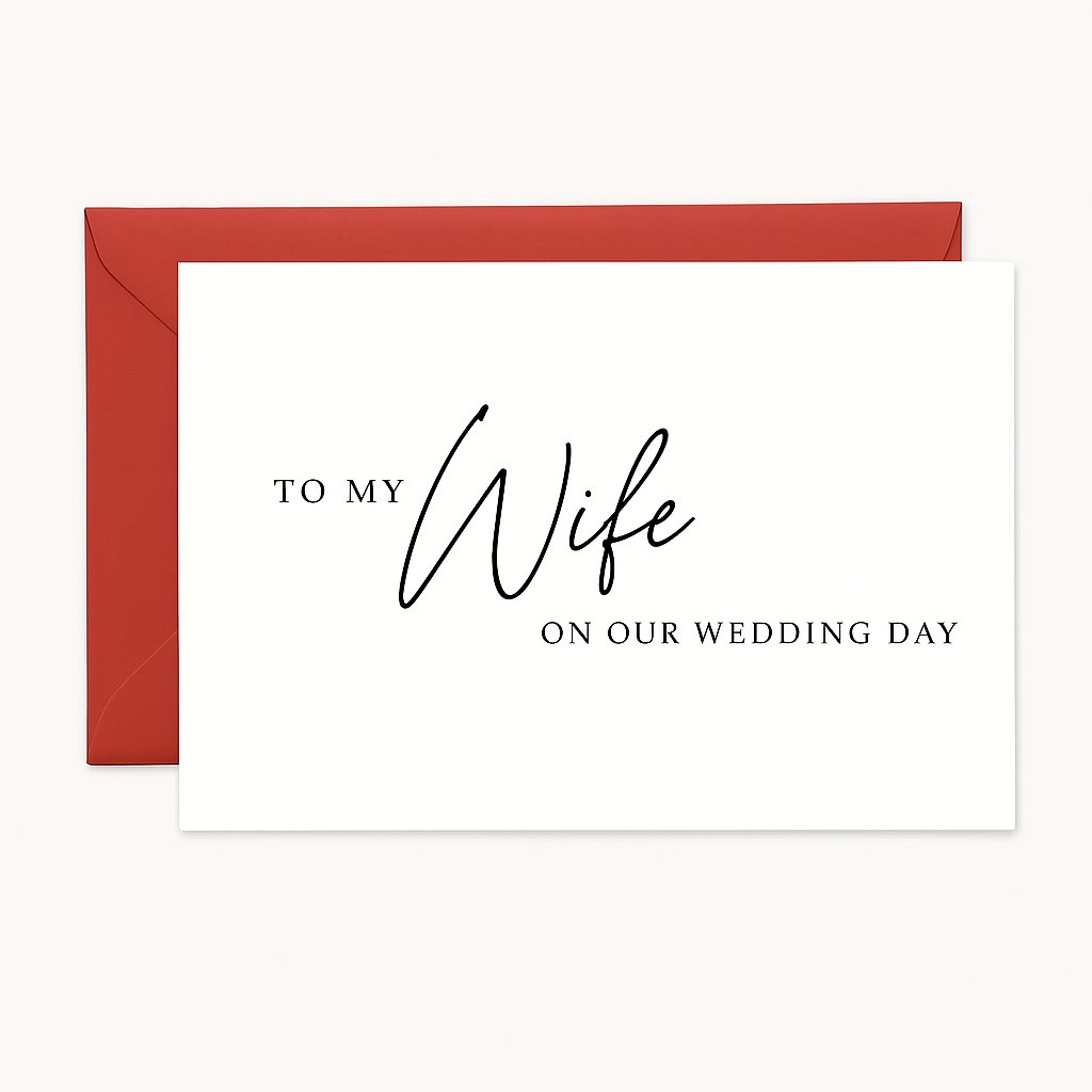 A white wedding card placed on top of a red envelope. The card features elegant black text that reads, "TO MY Wife ON OUR WEDDING DAY," with the word “Wife” written in a large cursive script and the rest in a classic serif font. The background is plain white.
