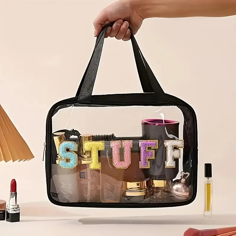 Varsity Letter Cosmetic Bag with Zipper & Dual Handles being held in the air full of cosmetics