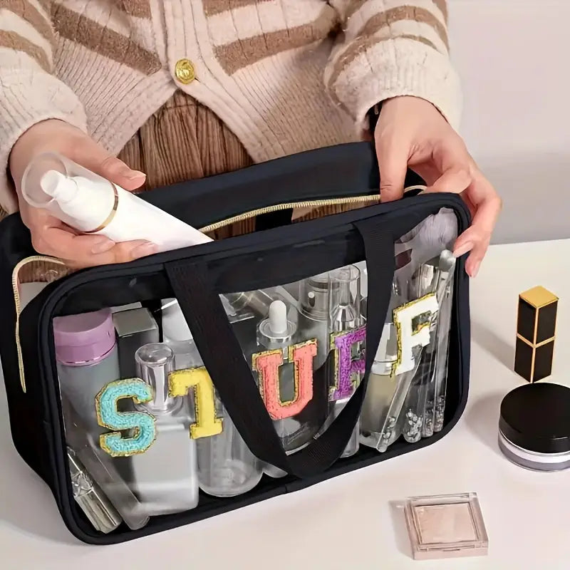 Varsity Letter Cosmetic Bag with Zipper & Dual Handles full of cosmetics