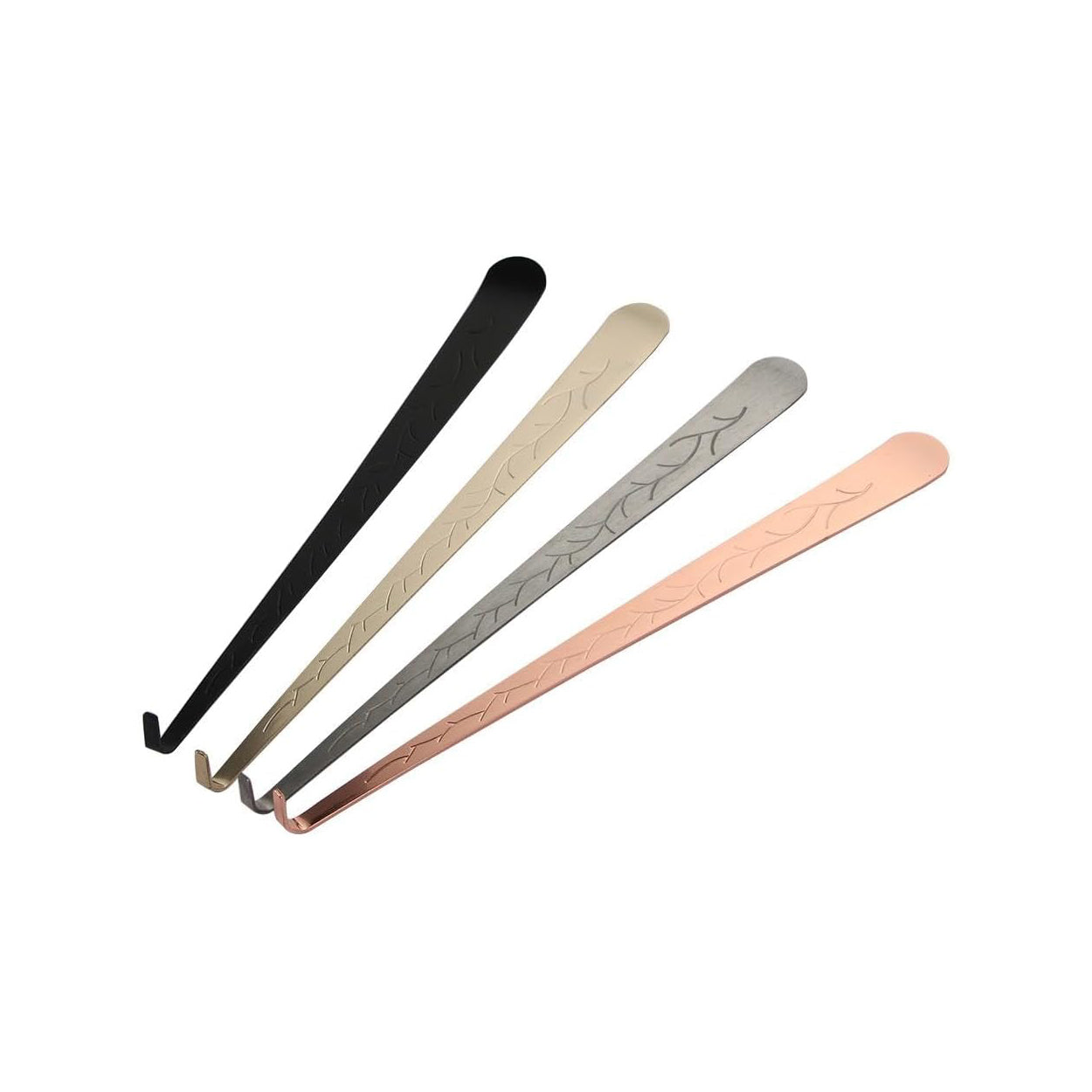 Wick dippers in different metallic finishes: black, gold, silver, and rose gold.