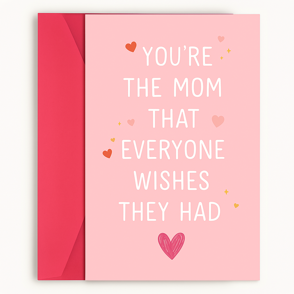 Pink greeting card with white text that reads 'YOU’RE THE MOM THAT EVERYONE WISHES THEY HAD,' surrounded by small red, pink, and gold hearts and stars. The card is paired with a red envelope, both set against a white background.