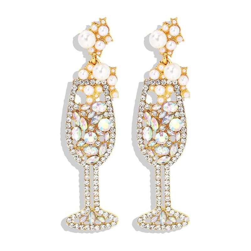 Champagne Glass Pearl Rhinestone Dangle Earrings in Silver