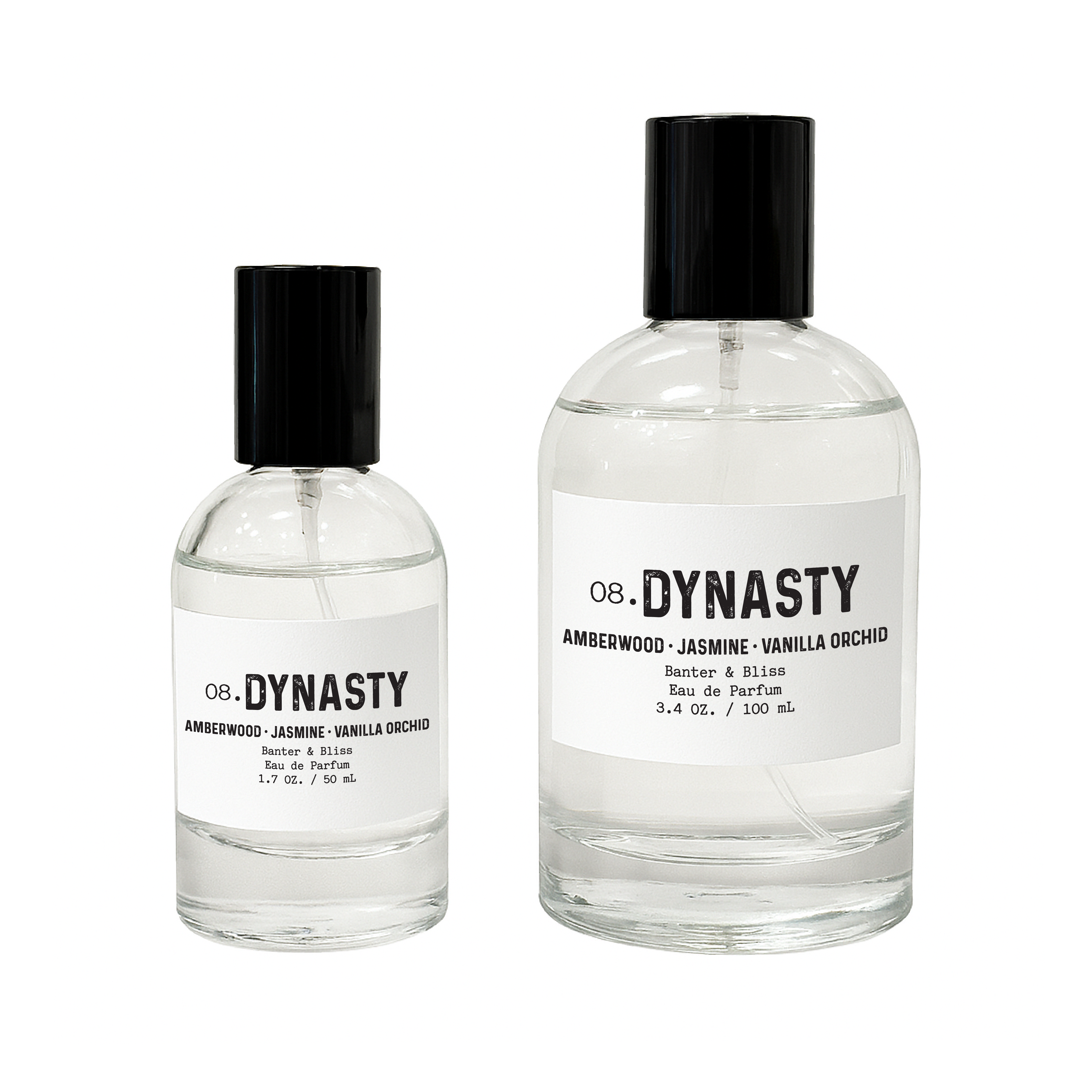Dynasty Eau de Parfum by Banter & Bliss – two minimalist clear glass perfume bottles (1.7 oz and 3.4 oz) with black caps and modern white labels featuring scent notes of amberwood, jasmine, and vanilla orchid.