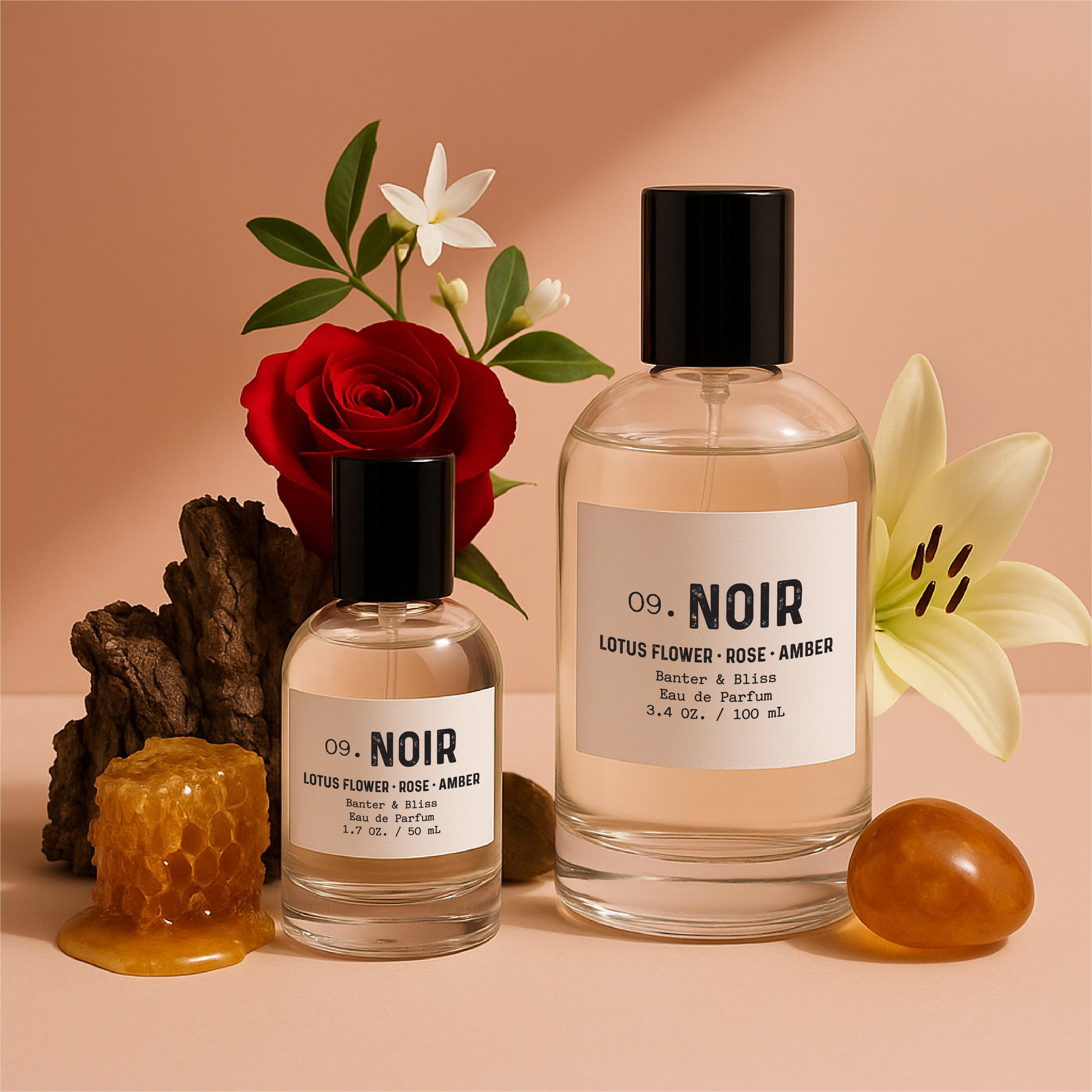 Luxury perfume bottles with black caps surrounded by scent elements including honeycomb, red rose, jasmine, lily, amber resin, and tree bark on a pastel peach background.