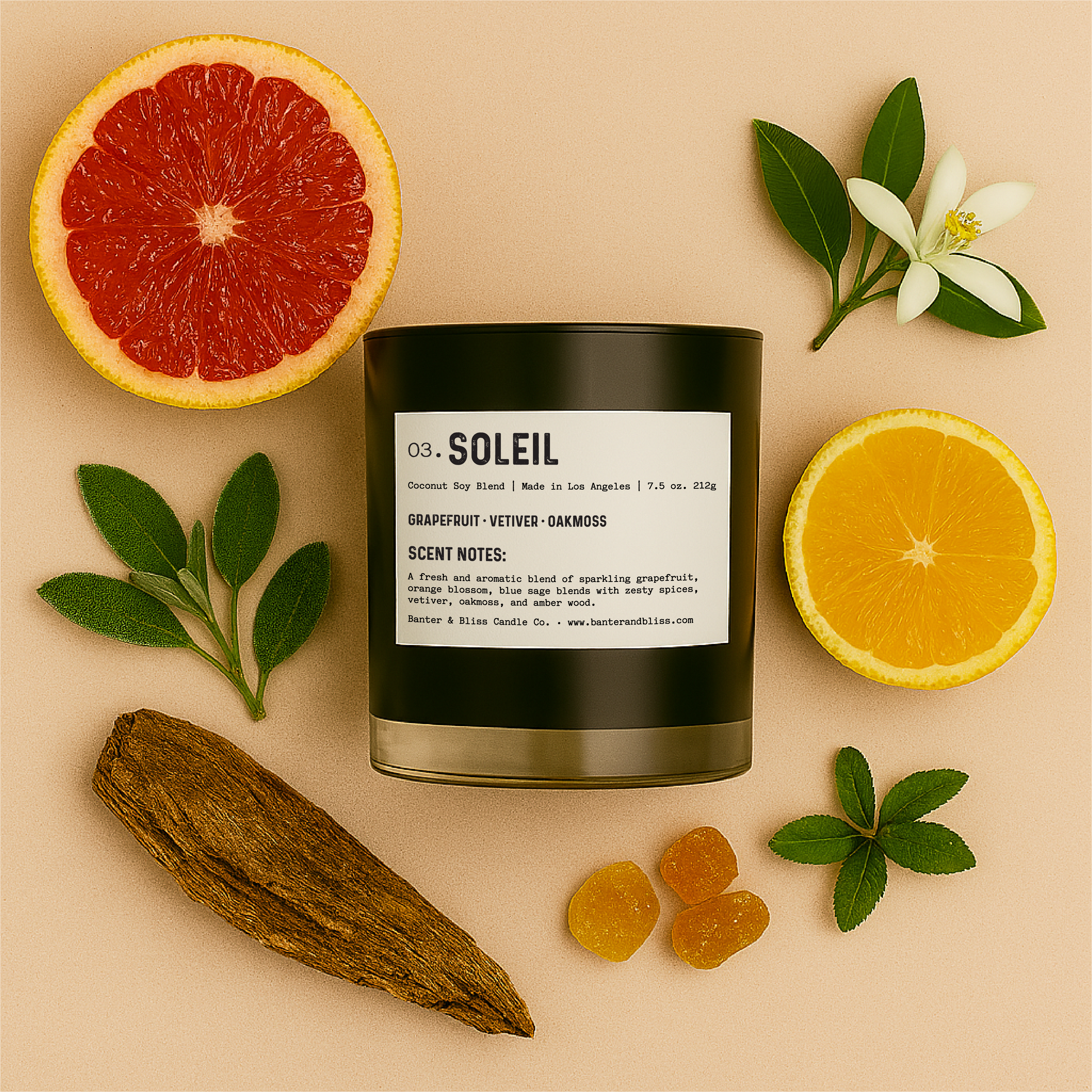 Flatlay of Banter & Bliss "Soleil" candle in black glass jar with label, surrounded by sliced grapefruit, orange, sage leaves, orange blossom, amber resin, vetiver, and oakmoss on a pastel beige background — featuring scent notes of grapefruit, vetiver, oakmoss, and amber wood.