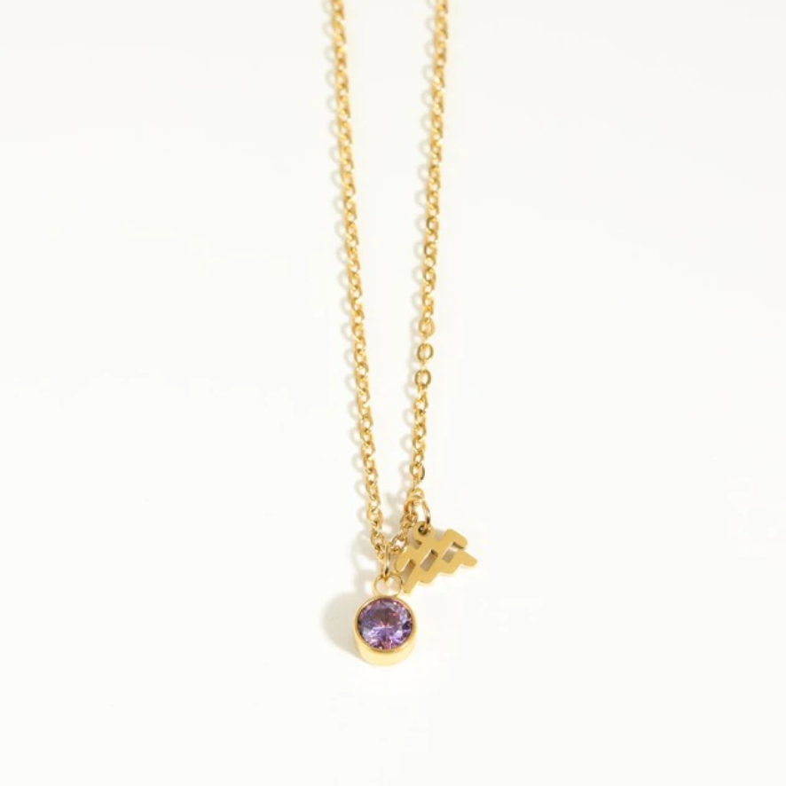 Aquarius Zodiac Necklace with Birthstone Charm