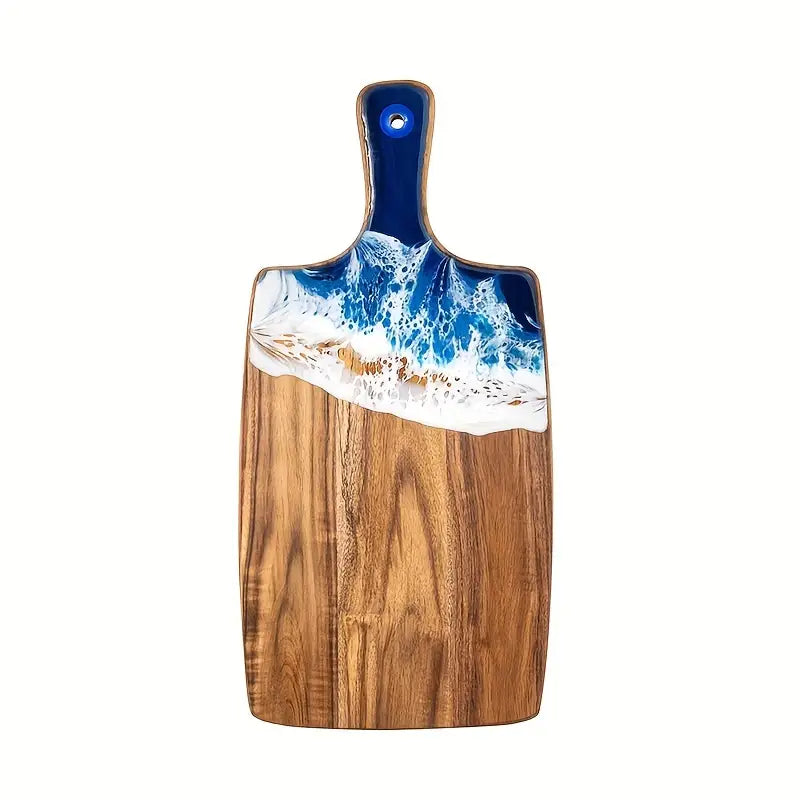 Ocean Wave Resin and Acacia Wood Serving Board with Handle