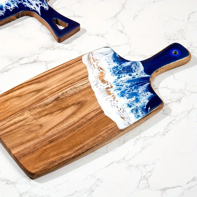 Ocean Wave Resin and Acacia Wood Serving Board with Handle