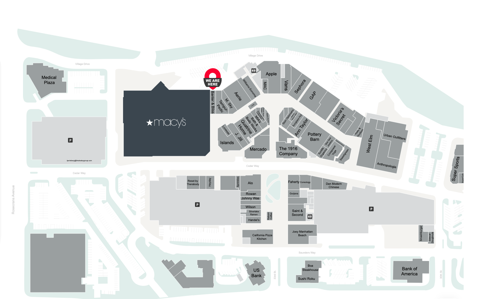 Map showing location of Banter & Bliss at Manhattan Village Mall