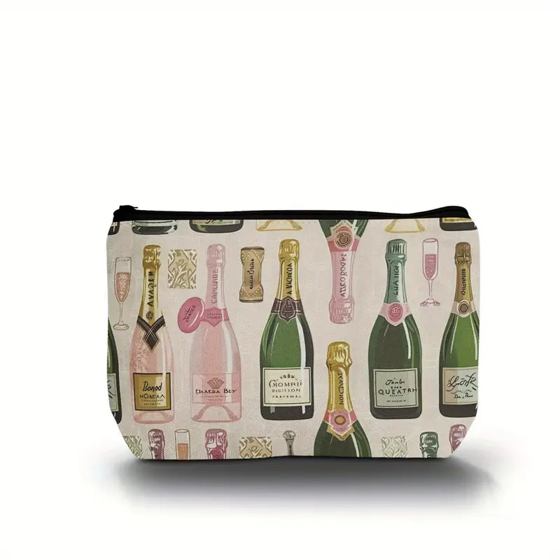 Champagne Bottle Print Cosmetic Bag