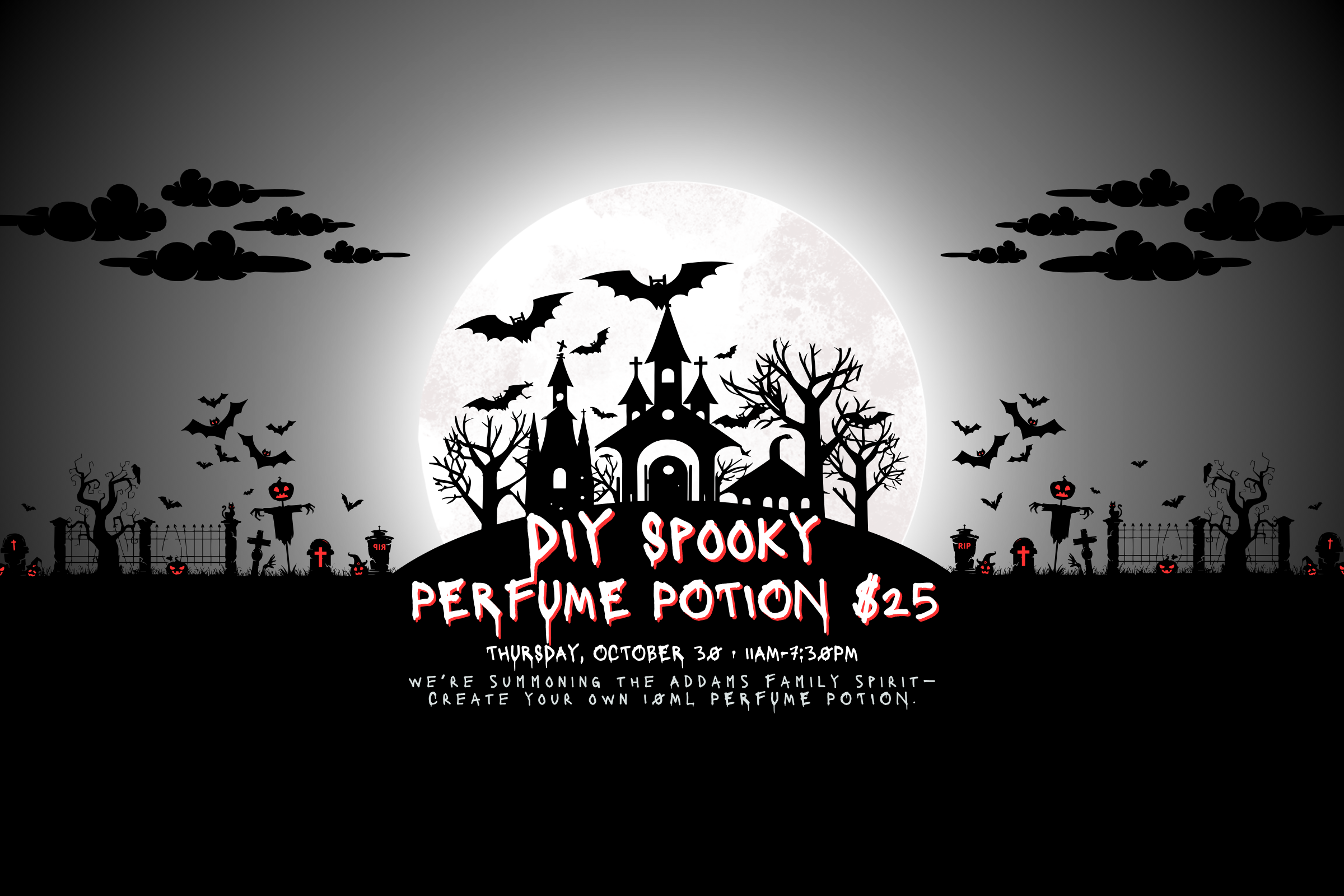 Halloween-themed advertisement with a full moon, bats, and a castle silhouette.