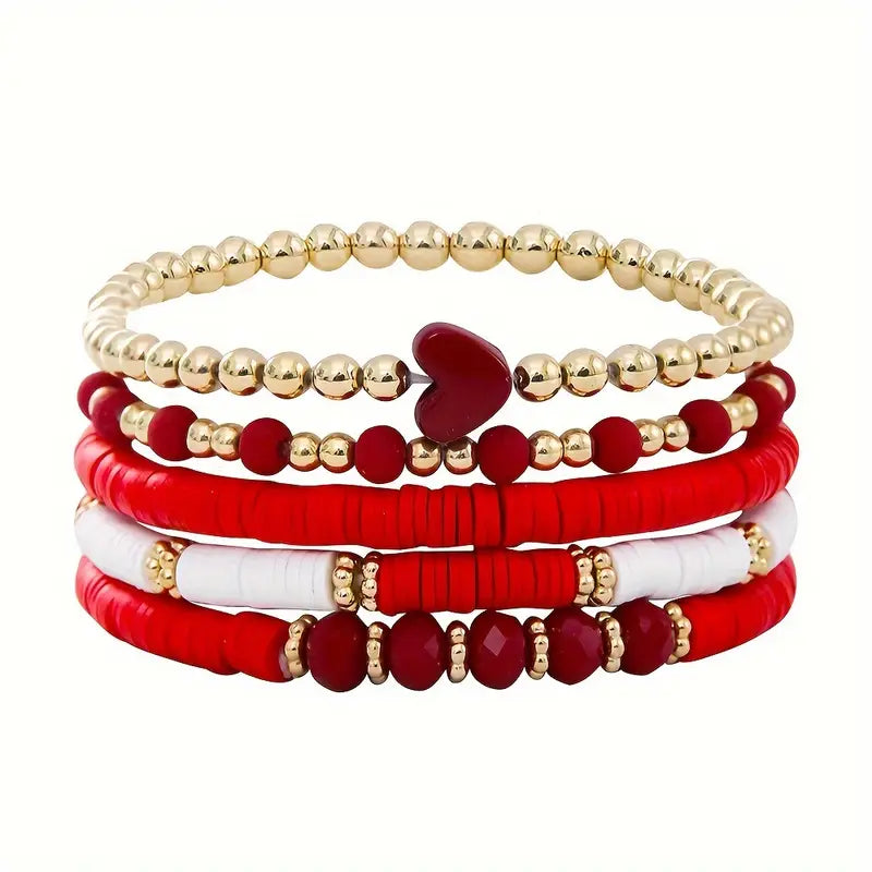 5-Piece Set of Red & Gold Valentine's Day-Inspired Soft Ceramic Heart Bead Stretch Bracelets