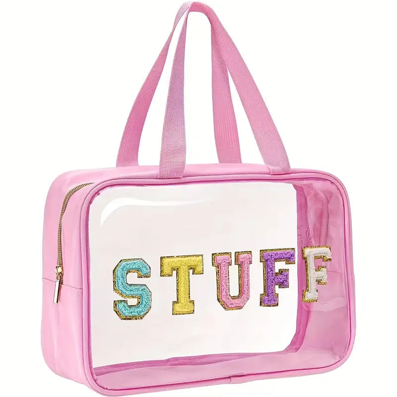 Varsity Letter Cosmetic Bag with Zipper & Dual Handles Pink