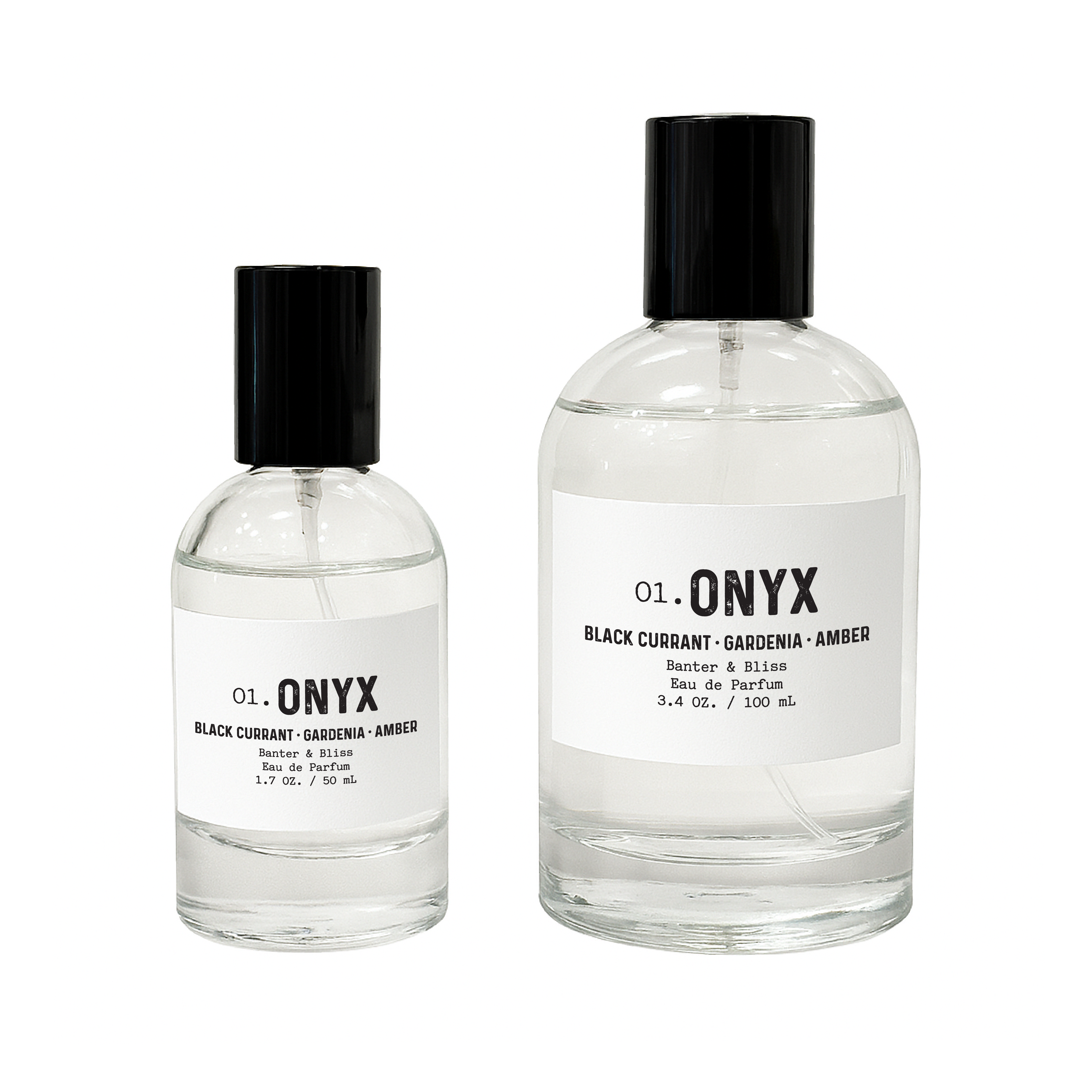 Onyx Eau de Parfum by Banter & Bliss – Black Currant, Gardenia, and Amber scent in 50ml and 100ml glass spray bottles with minimalist black and white labels.