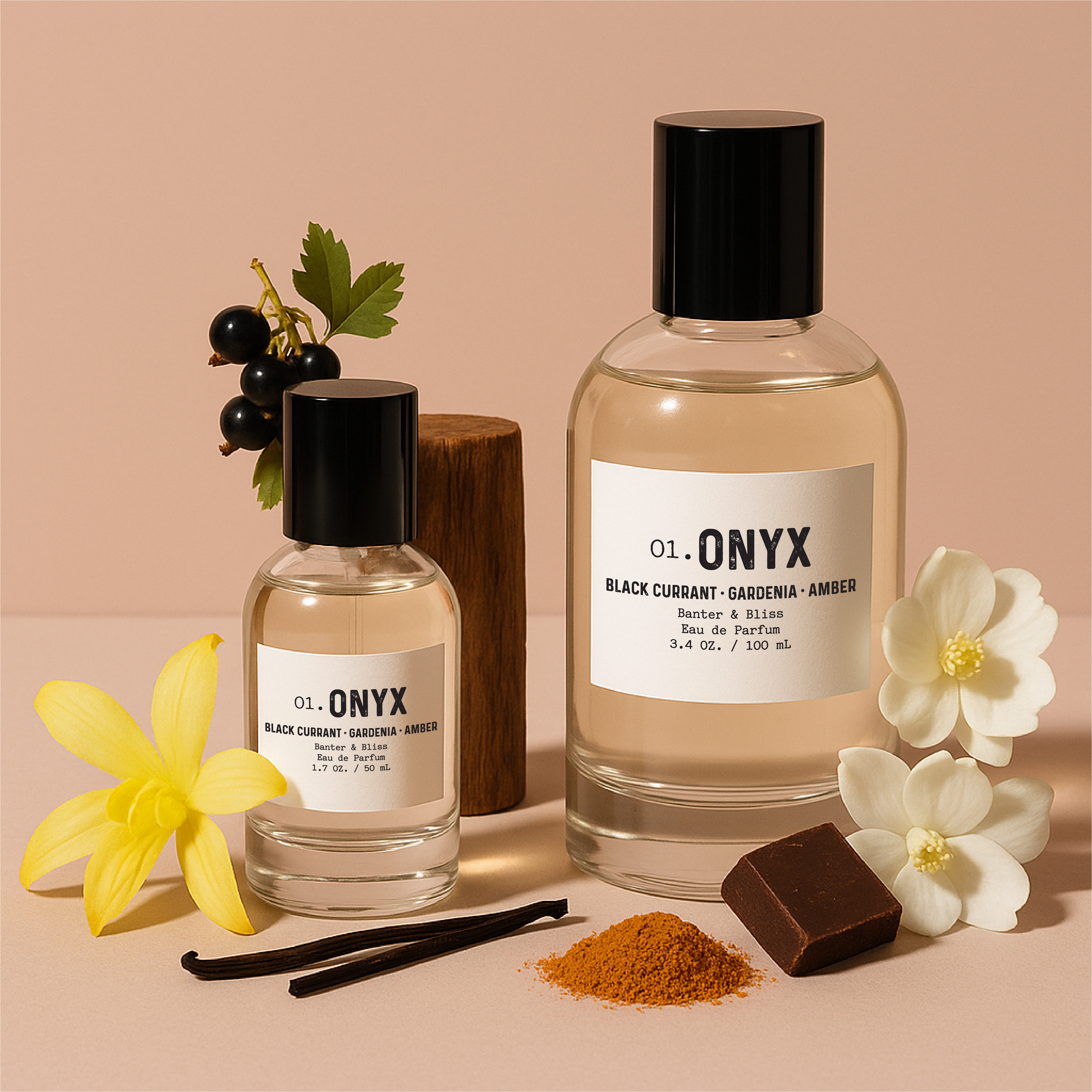 Luxury Onyx Eau de Parfum by Banter & Bliss with black currant, gardenia, amber, vanilla bean, and dark chocolate notes, displayed in minimalist glass bottles on a pastel background.