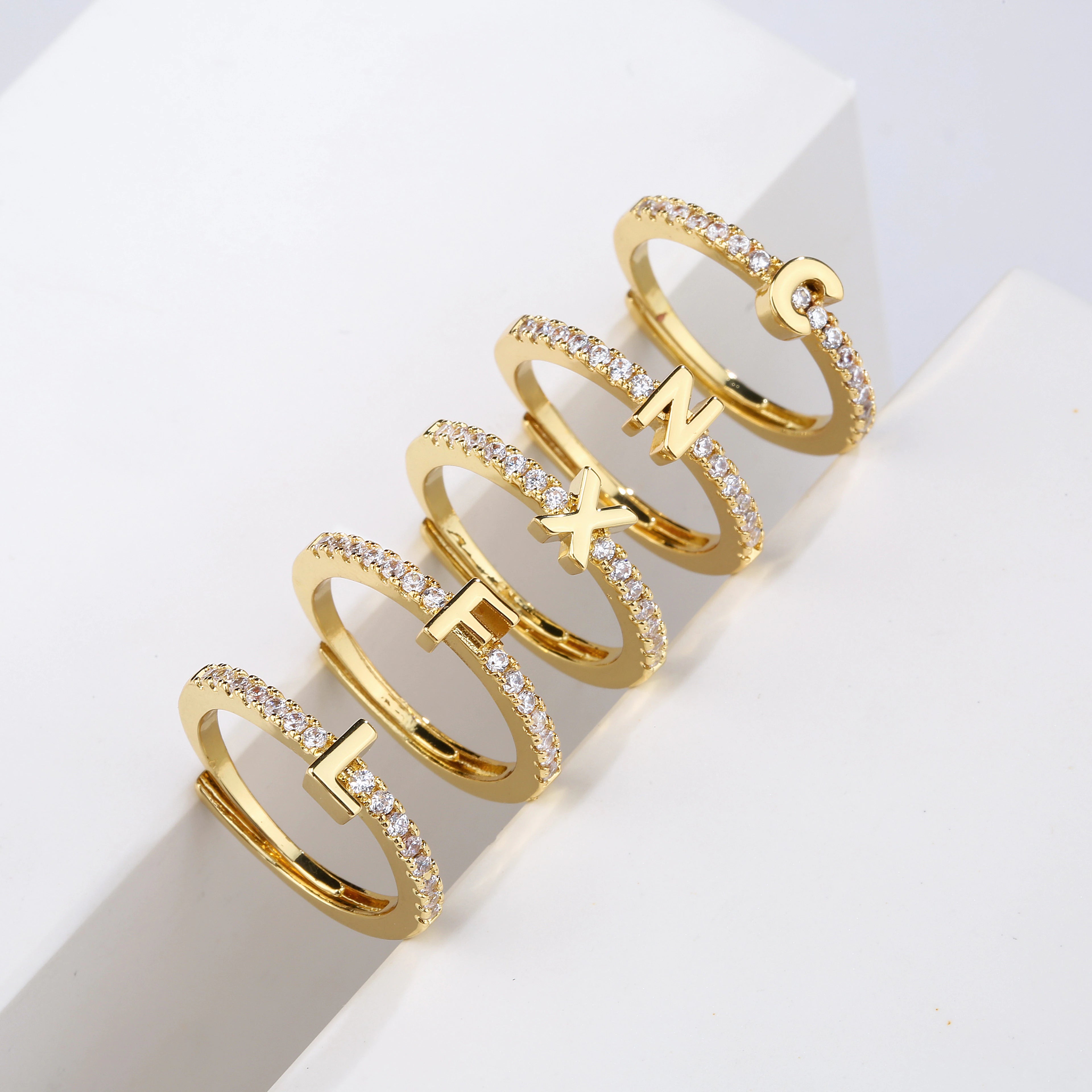 Gold Initial Rings with partial CZ band