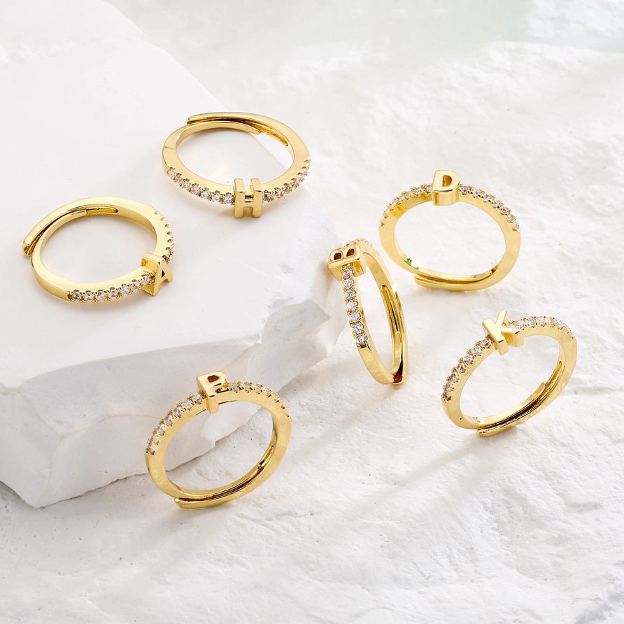Gold Initial Rings with partial CZ band